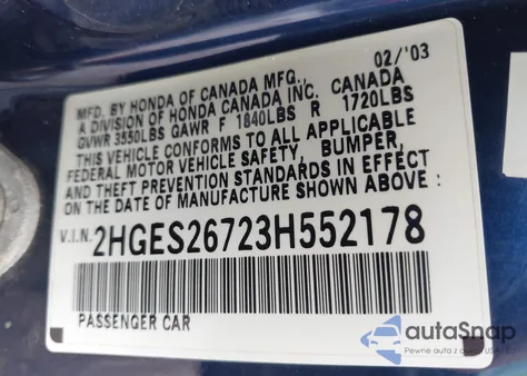 2003 Honda Civic Ex from USA, damaged, VIN 2HGES26723H552178